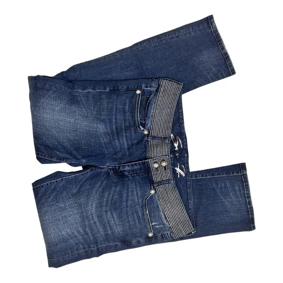 Seven7 Dark Wash Jeans Relaxed Fit Silver Ribbed Waistband High Waist Pants - Picture 2 of 6